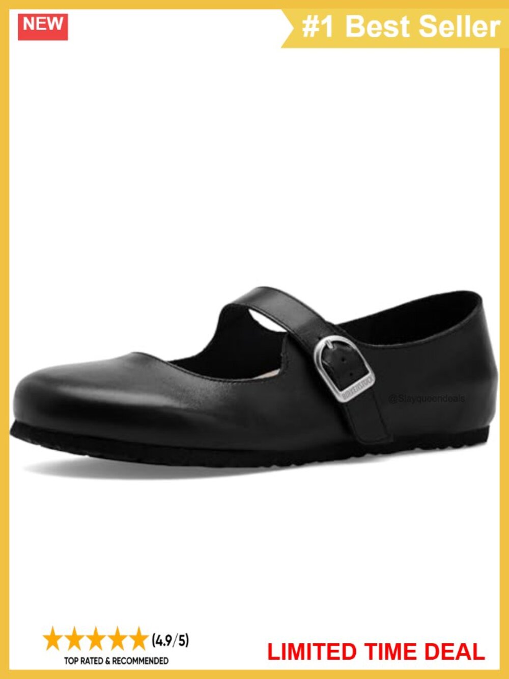 Leather Mary Jane Flat with Adjustable Strap and Contoured Footbed